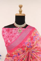 Premium Pure Linen Cotton Saree – Vibrant Bubblegum Pink Watercolor Floral & Chevron Digital Print Saree with Blouse Piece