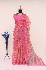 Premium Pure Linen Cotton Saree – Vibrant Bubblegum Pink Watercolor Floral & Chevron Digital Print Saree with Blouse Piece