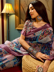 Premium Pure Linen Cotton Saree – Abstract Geometric & Leaf Digital Print Casual Festive Saree with Blouse Piece