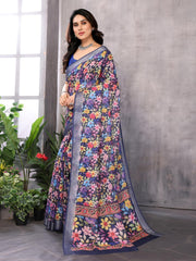 Pure Linen Cotton Multicolor Floral Saree with Royal Blue Zari Border