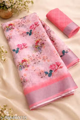 Premium Pure Linen Cotton Saree – Baby Pink Watercolor Floral & Lavender Striped Digital Print Saree with Blouse Piece