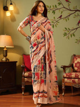 Premium Pure Linen Cotton Saree – Peach & Multi-Color Geometric Chevron & Tree Motif Digital Print Saree with Blouse Piece