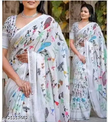 Pure Linen Cotton Warli Tribal Art Saree with Silver Zari Border – Ivory White & Multicolor