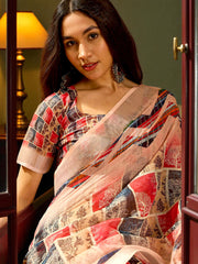 Premium Pure Linen Cotton Saree – Peach & Multi-Color Geometric Chevron & Tree Motif Digital Print Saree with Blouse Piece