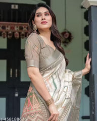 Premium Pure Linen Cotton Saree – Ivory Cream & Olive Grey Minimalist Chevron Pattern Saree with Blouse Piece