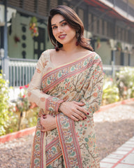 Pure Linen Cotton Pen-Kalamkari Style Saree with Terracotta Zari Border – Soft Beige & Pastel Multi