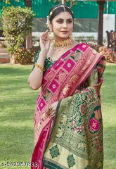 Festive Rani Pink & Bottle Green Jacquard Silk Saree – Traditional Kalash & Elephant Motif Pallu Saree with Blouse Piece