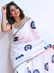 Women's Premium Pure Linen Cotton Saree | Quirky Evil Eye Block Printed Casual Sari with Chevron Geometric Pallu & Unstitched Blouse Piece | Luxury Lightweight Summer & Daily Wear (Pristine White & Indigo Blue)
