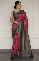 Heritage Deep Pink & Dark Teal Jacquard Silk Saree – Antique Zari Geometric Pallu Traditional Saree with Blouse Piece