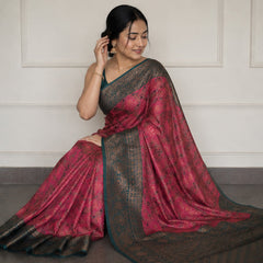 Heritage Deep Pink & Dark Teal Jacquard Silk Saree – Antique Zari Geometric Pallu Traditional Saree with Blouse Piece