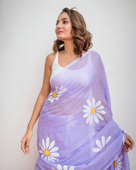Women's Cotton Linen Blend Saree | Elegant Lavender Floral Daisy Hand-Painted Style Casual & Festive Sari with Unstitched Blouse Piece | Lightweight Party & Daily Wear (Light Purple)