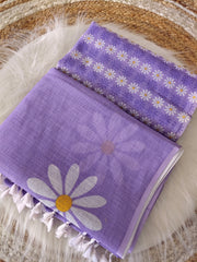 Women's Cotton Linen Blend Saree | Elegant Lavender Floral Daisy Hand-Painted Style Casual & Festive Sari with Unstitched Blouse Piece | Lightweight Party & Daily Wear (Light Purple)