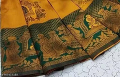Mustard Gold & Bottle Green Jacquard Silk Saree – Traditional Baaraat & Elephant Motif Festive Saree with Blouse Piece