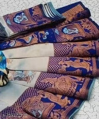 Royal Silver Grey & Navy Blue Jacquard Silk Saree – Traditional Baaraat & Elephant Motif Festive Saree with Blouse Piece