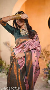 Elegant Blush Pink and Bottle Green Kanjivaram Silk Saree – Traditional Zari Weave with Floral Motif Border