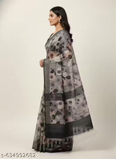 Premium Pure Linen Cotton Saree – Elegant Charcoal Grey & Blush Pink Retro Floral Digital Print Saree with Blouse Piece