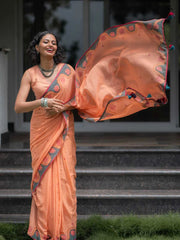 Women's Premium Linen Cotton Blend Saree | Elegant Peach-Orange Traditional Block Border Printed Casual Sari with Unstitched Blouse Piece | Lightweight Daily Wear (Peach, Grey & Red)