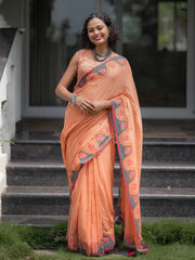 Women's Premium Linen Cotton Blend Saree | Elegant Peach-Orange Traditional Block Border Printed Casual Sari with Unstitched Blouse Piece | Lightweight Daily Wear (Peach, Grey & Red)