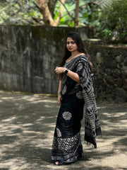 Women's Premium Women's Premium Linen Cotton Saree | Lightweight Office & Daily Wear (Jet Black & White)Cotton Saree | Lightweight Office & Daily Wear (Jet Black & White)