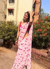 Women's Premium Pure Linen Cotton Saree | Romantic Heart Motif Printed Casual Sari with Unstitched Blouse Piece | Luxury Lightweight Summer & Daily Wear (Soft Light Pink & Magenta)