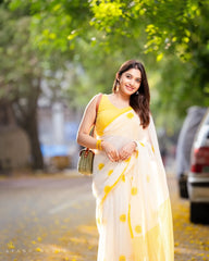 Women's Premium Linen Cotton Blend Saree | Traditional Handloom Look Printed Casual & Festive Sari with Unstitched Blouse Piece | Lightweight Summer & Daily Wear (Off-White & Bright Yellow)