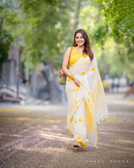 Women's Premium Linen Cotton Blend Saree | Traditional Handloom Look Printed Casual & Festive Sari with Unstitched Blouse Piece | Lightweight Summer & Daily Wear (Off-White & Bright Yellow)