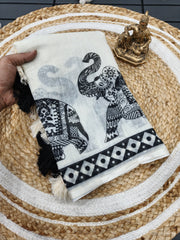 Women's Premium Pure Linen Cotton Saree | Traditional Madhubani Elephant Block Printed Casual Sari with Geometric Temple Border & Unstitched Blouse Piece | Luxury Lightweight Summer & Office Wear (Off-White & Charcoal Black)