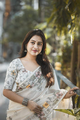 Women's Premium Pure Linen Cotton Saree | Artistic Floral & Geometric Box Printed Casual Sari with Matching Unstitched Blouse Piece | Luxury Lightweight Summer & Office Wear (Off-White & Pastel Multi-Color)