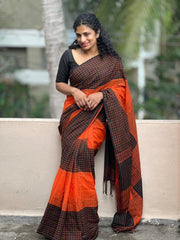 Women's Cotton Linen Blend Saree | Handloom Look Geometric Checkered Pattern Casual & Office Wear Sari with Unstitched Blouse Piece | Festive & Daily Wear (Black & Orange)