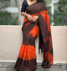 Women's Cotton Linen Blend Saree | Handloom Look Geometric Checkered Pattern Casual & Office Wear Sari with Unstitched Blouse Piece | Festive & Daily Wear (Black & Orange)