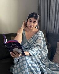 Women's Premium Pure Linen Cotton Saree | Modern Geometric Grid Block Printed Casual Sari with Unstitched Blouse Piece | Luxury Lightweight Summer Wear & Office Wear (Muted Slate Blue & Off-White)