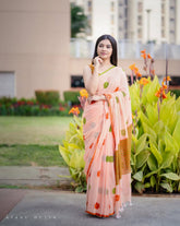 Women's Cotton Linen Blend Saree | Trendy Peach Floral Motif Print Casual Sari with Striped Pallu & Unstitched Blouse Piece | Lightweight Summer & Daily Wear (Light Peach, Orange & Olive Green)