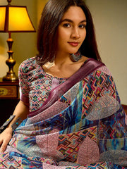 Premium Pure Linen Cotton Saree – Abstract Geometric & Leaf Digital Print Casual Festive Saree with Blouse Piece
