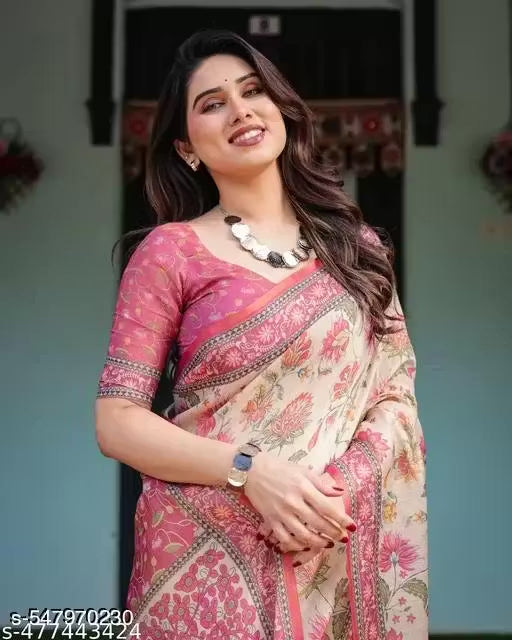Pure Linen Cotton Floral Saree with Matching Blouse Piece - Rose & Cream