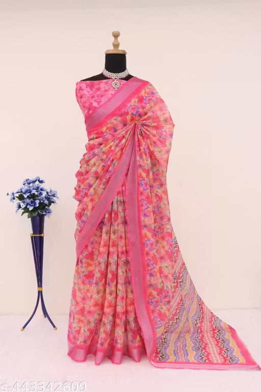 Premium Pure Linen Cotton Saree – Vibrant Bubblegum Pink Watercolor Floral & Chevron Digital Print Saree with Blouse Piece