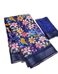 Pure Linen Cotton Multicolor Floral Saree with Royal Blue Zari Border