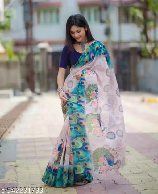 Pure Linen Cotton Saree with Royal Peacock Feather Border & Blouse Piece – Pastel Pink & Indigo Blue