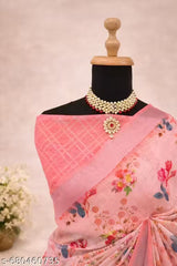 Premium Pure Linen Cotton Saree – Baby Pink Watercolor Floral & Lavender Striped Digital Print Saree with Blouse Piece