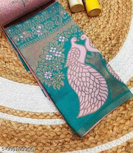 Pastel Pink & Rama Green Jacquard Silk Saree – Royal Peacock Pallu Traditional Saree with Blouse Piece