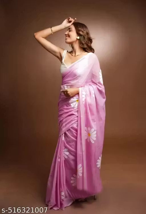 Women's Linen Blend Saree | Elegant Floral Daisy Hand-Painted Style Casual & Festive Sari with Unstitched Blouse Piece | Lightweight Daily Wear (Light Pink)
