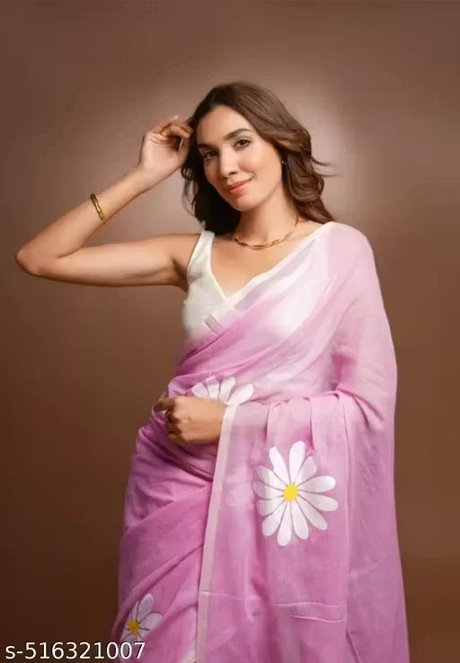 Women's Linen Blend Saree | Elegant Floral Daisy Hand-Painted Style Casual & Festive Sari with Unstitched Blouse Piece | Lightweight Daily Wear (Light Pink)
