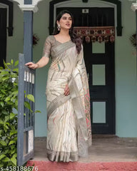 Premium Pure Linen Cotton Saree – Ivory Cream & Olive Grey Geometric Chevron Minimalist Saree with Blouse Piece