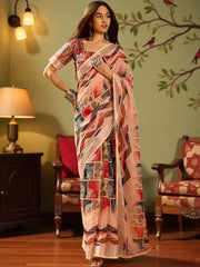 Premium Pure Linen Cotton Saree – Peach & Multi-Color Geometric Chevron & Tree Motif Digital Print Saree with Blouse Piece