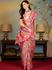 Premium Pure Linen Cotton Saree – Vibrant Candy Pink & Multi-Color Abstract Foliage Digital Print Saree with Blouse Piece
