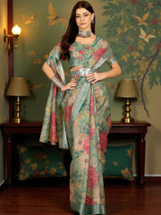 Premium Pure Linen Cotton Saree – Pastel Sage Green & Blush Pink Vintage Floral Digital Print Saree with Blouse Piece