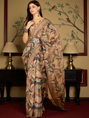 Premium Pure Linen Cotton Saree – Earthy Abstract Foliage Digital Print Casual Festive Saree with Blouse Piece