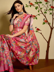 Premium Pure Linen Cotton Saree – Vibrant Candy Pink & Multi-Color Abstract Foliage Digital Print Saree with Blouse Piece