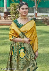 Golden Yellow & Bottle Green Jacquard Silk Saree – Traditional Kalash & Elephant Motif Pallu Festive Saree with Blouse Piece