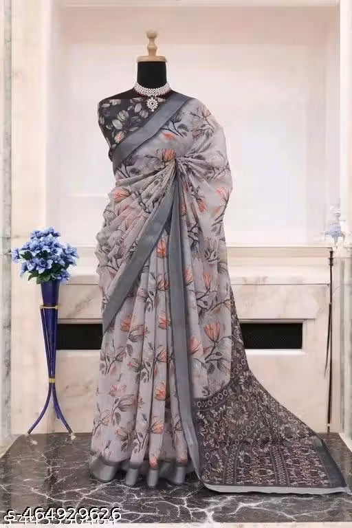 Premium Pure Linen Cotton Saree – Elegant Silver Grey & Peach Botanical Floral Digital Print Saree with Blouse Piece
