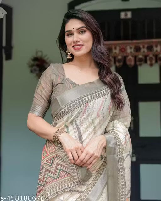 Premium Pure Linen Cotton Saree – Ivory Cream & Olive Grey Minimalist Chevron Pattern Saree with Blouse Piece